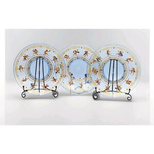 3 Antique Venetian Murano Salviati Style Enameled Gilded Cherub Putti Plates Rar